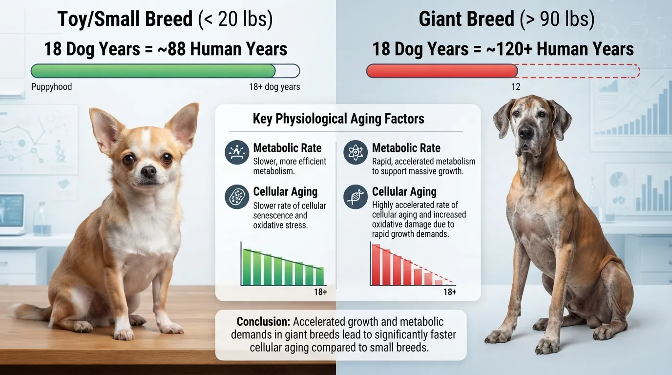 Side-by-side comparison chart showing an 18-year-old Chihuahua alongside an 18-year-old Great Dane to illustrate how extreme breed size differences impact aging in dog years versus human years.