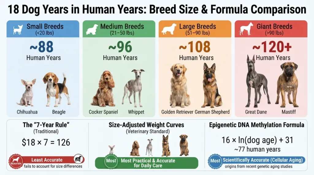 Comparison chart showing 18 dog years in human years for small, medium, large, and giant breeds compared across modern veterinary age calculation methods.