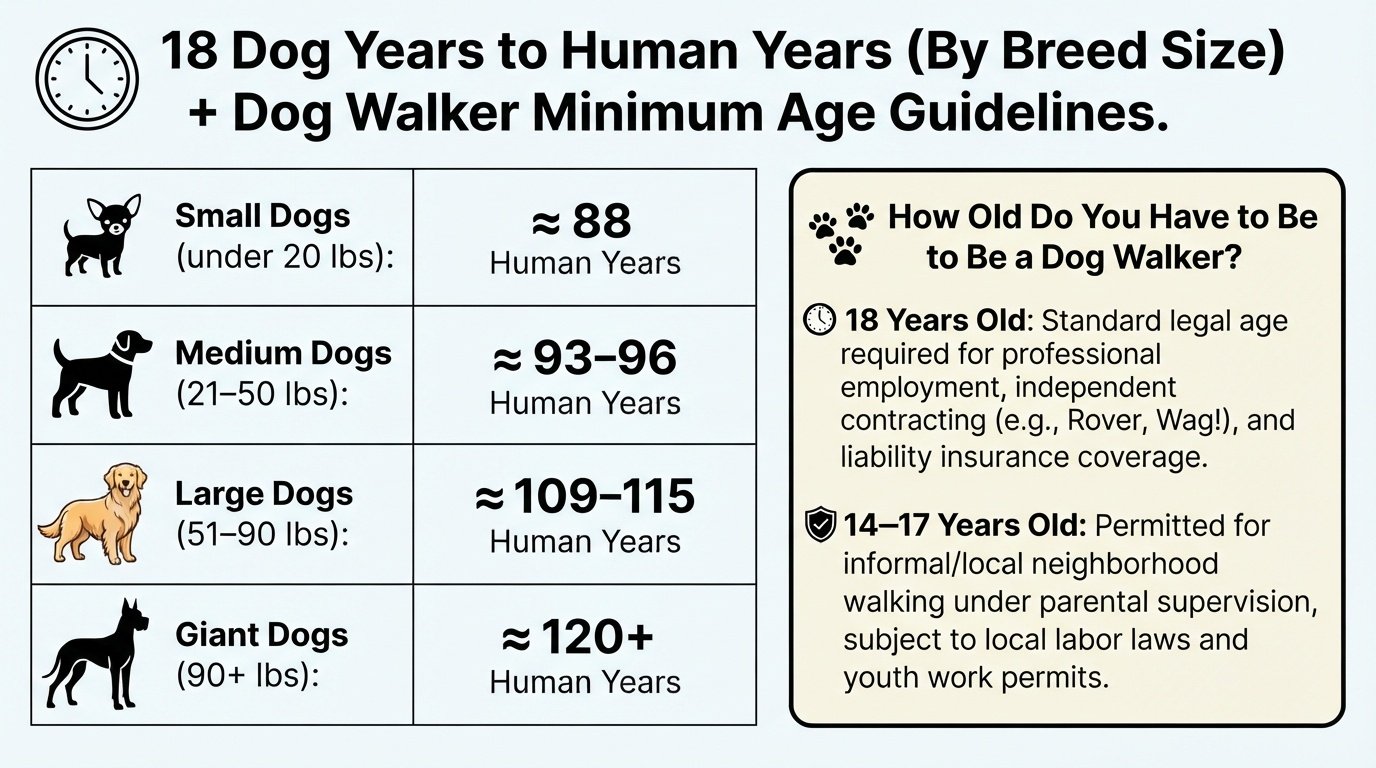 A clear comparison chart showing how an 18-year-old dog converts to human years across small, medium, large, and giant breeds, alongside legal age requirements to become a professional dog walker.