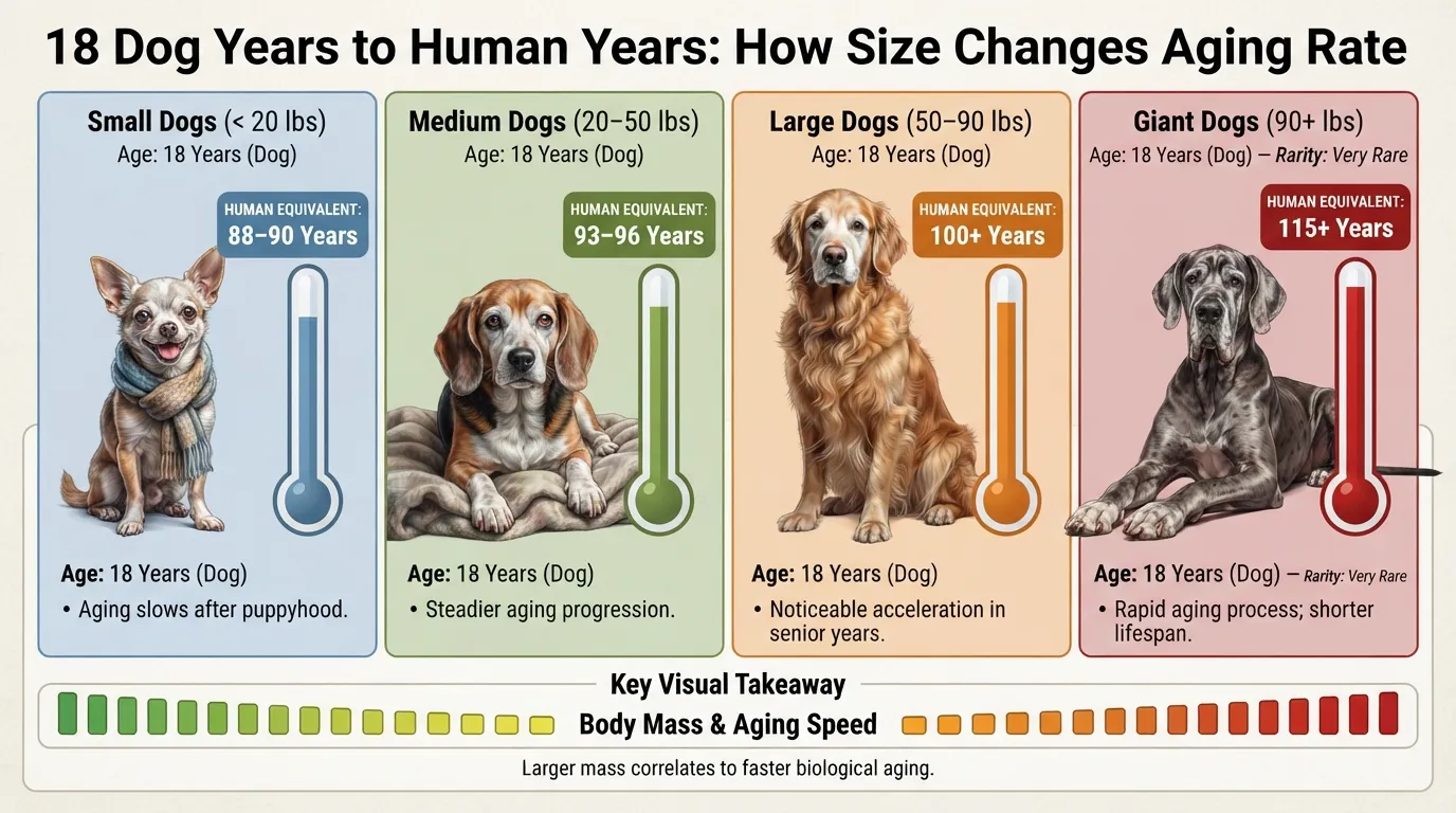 A size-based comparison chart showing how 18 dog years translates to human years for small, medium, large, and giant dog breeds.