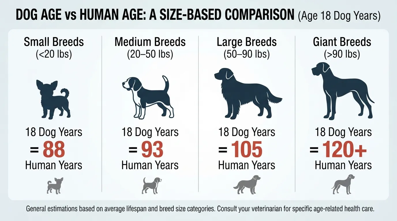 Conversion chart showing 18 dog years in human years for small, medium, large, and giant dog breeds.