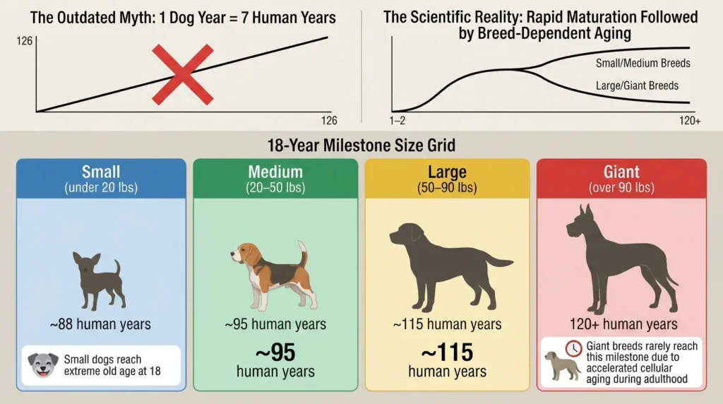 Comparison infographic comparing an 18-year-old dog's human age equivalent across breed sizes while highlighting why the traditional 7-year rule is inaccurate.