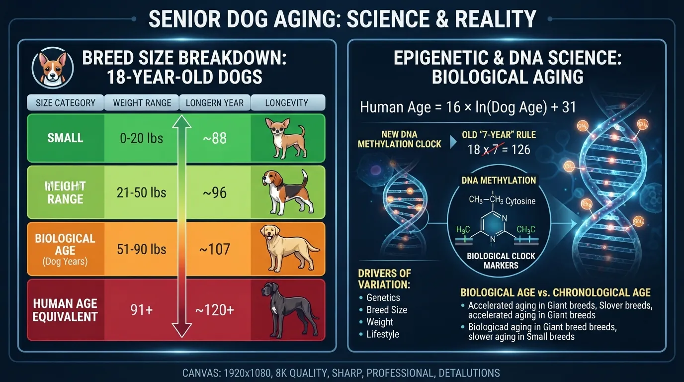 Comparison chart showing 18 dog years converted to human years across small, medium, large, and giant breeds alongside the modern DNA epigenetic formula.