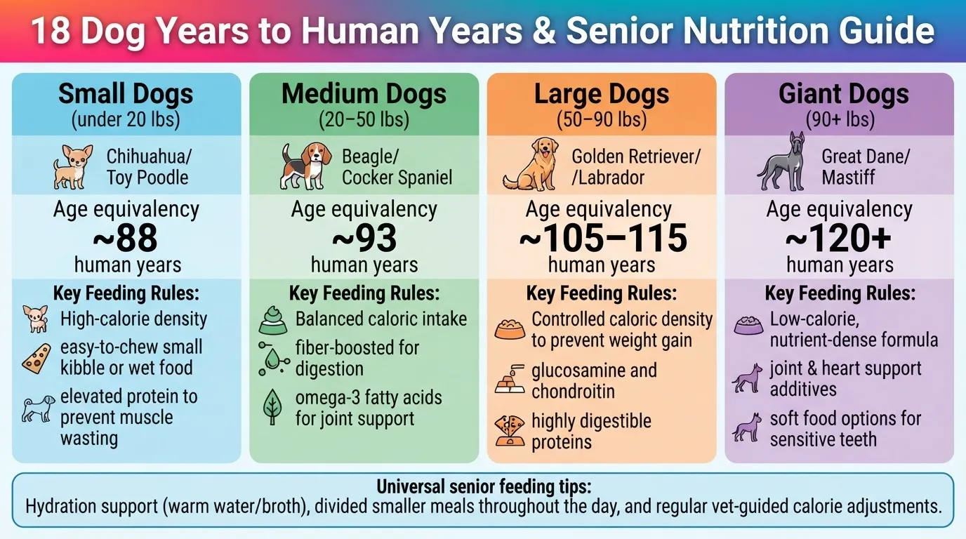 Comparison chart showing an 18-year-old dog converted to human years based on size (small, medium, large, giant) with matching daily nutritional and feeding guidelines for senior dogs.