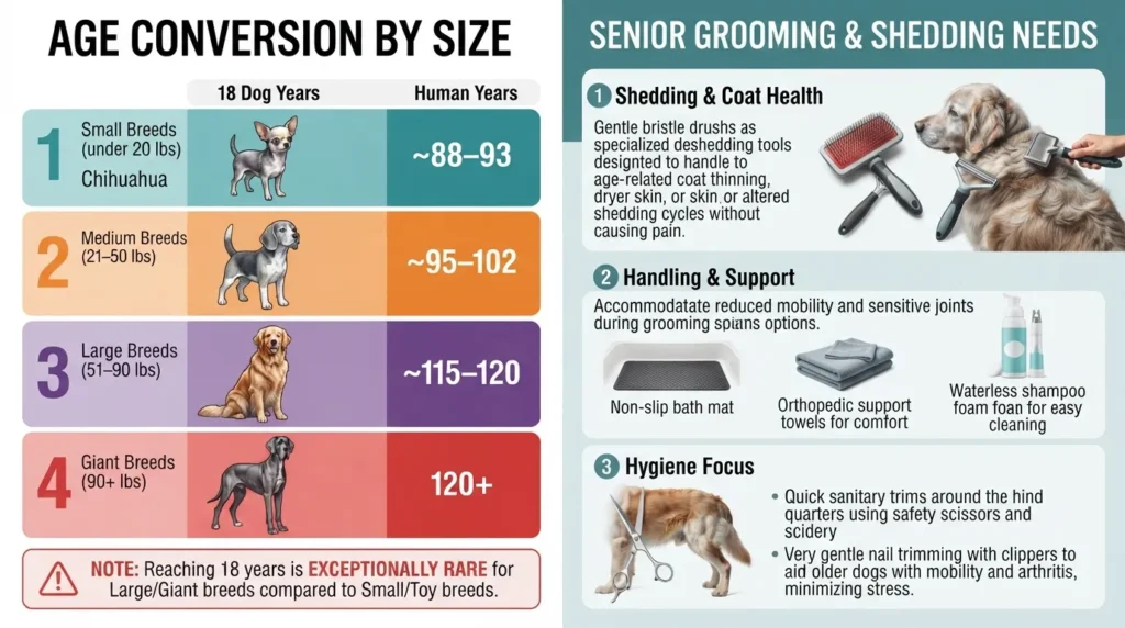 Comparison chart showing 18 dog years in human years for small, medium, large, and giant breeds, along with grooming and shedding care needs for senior dogs.