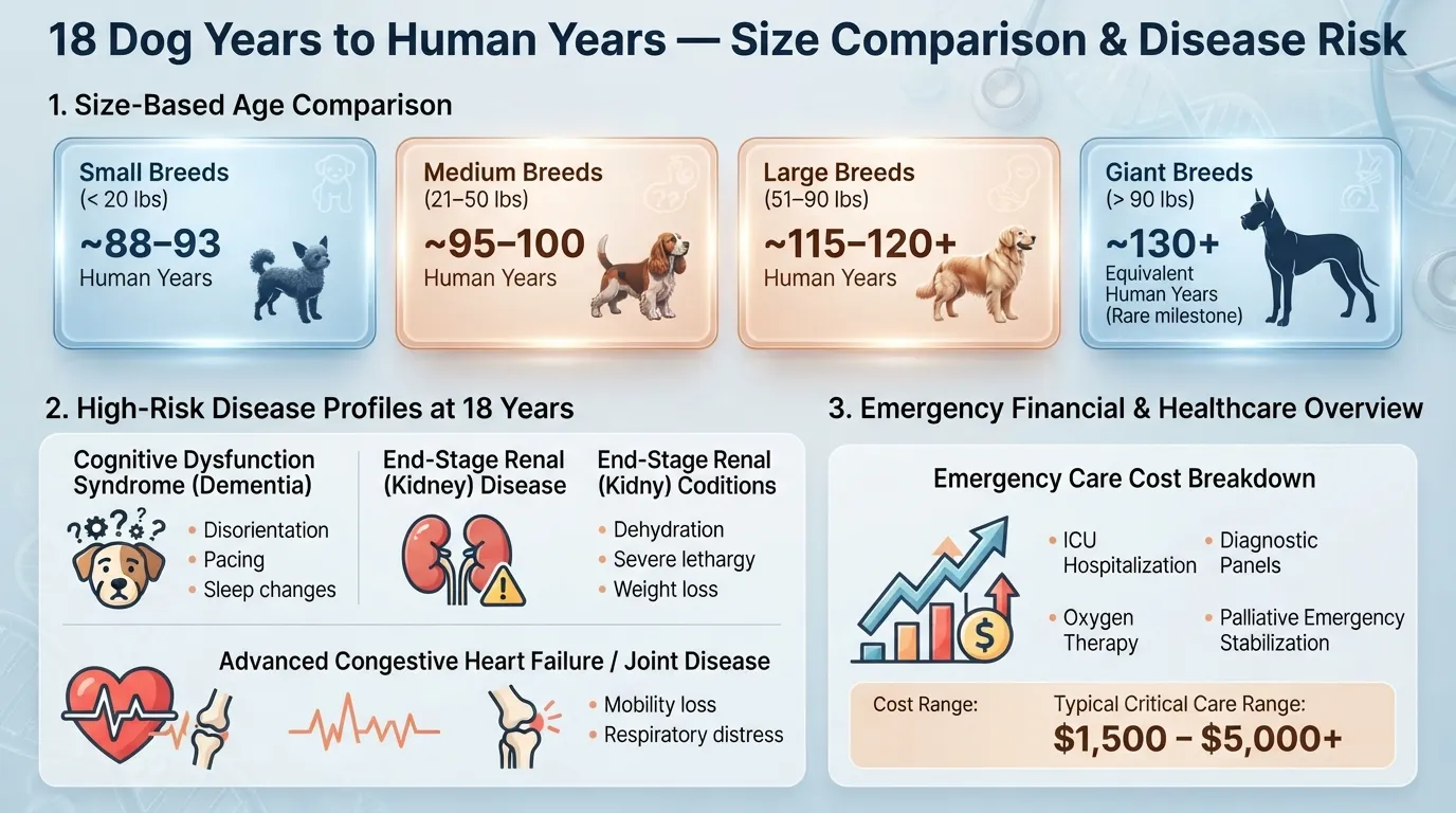 Infographic chart comparing 18 dog years to human years across small, medium, large, and giant breeds, alongside common senior dog health issues and emergency veterinary costs.