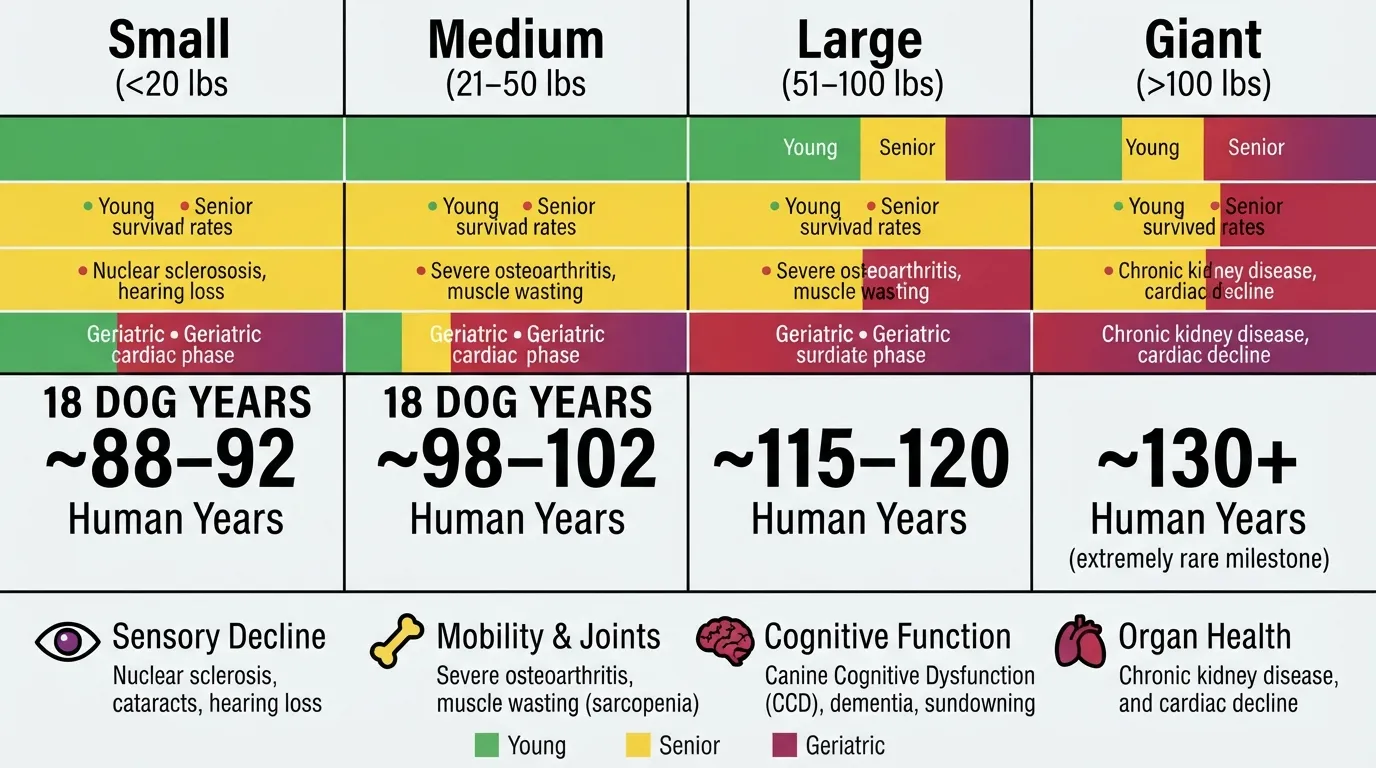 Dog age conversion chart showing how 18 dog years equals 88 to 120 plus human years depending on small, medium, large, and giant breed size, alongside common senior dog health issues.