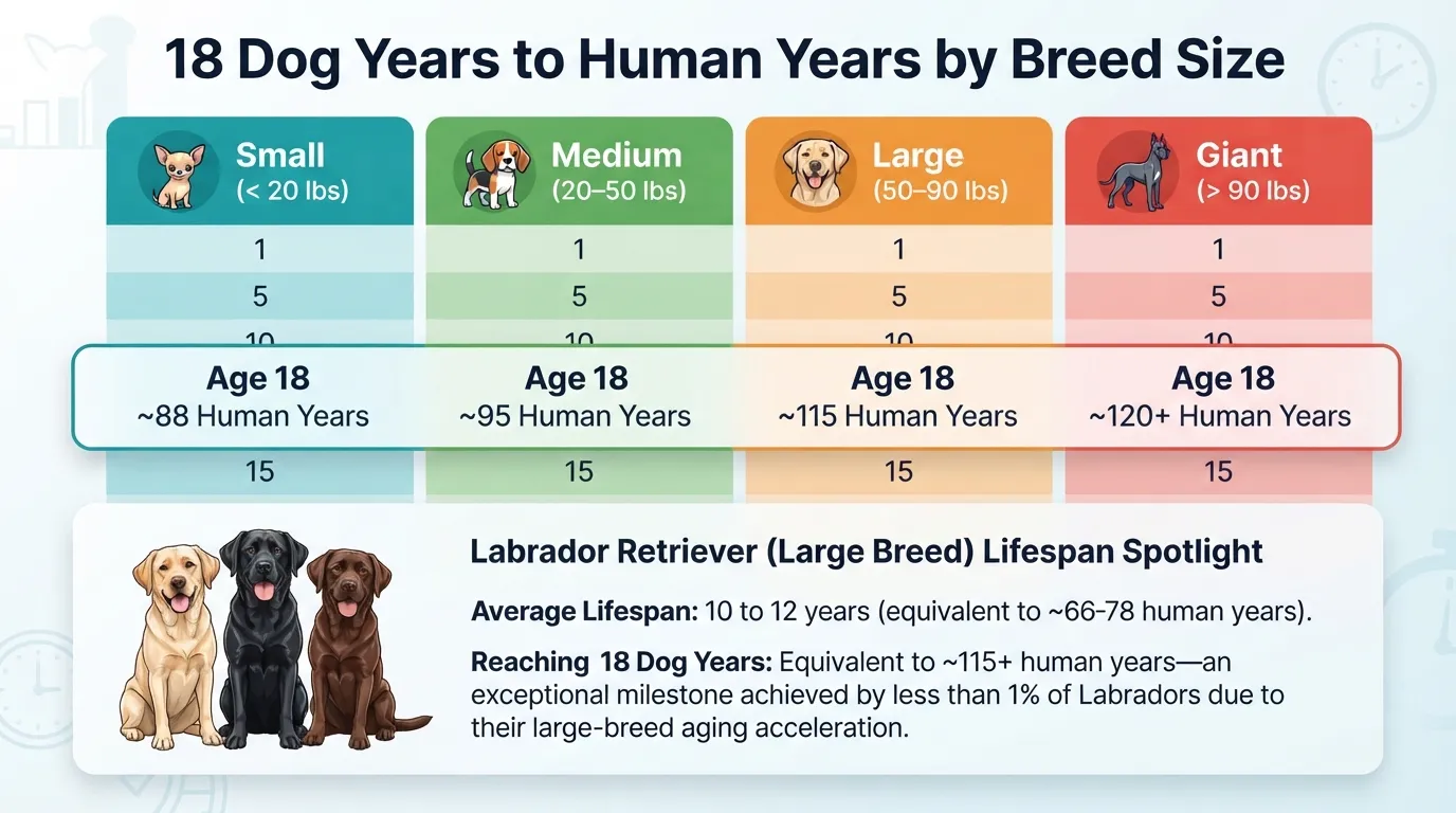 A chart comparing 18 dog years to human years across small, medium, large, and giant breeds, highlighting the average lifespan of a Labrador Retriever.