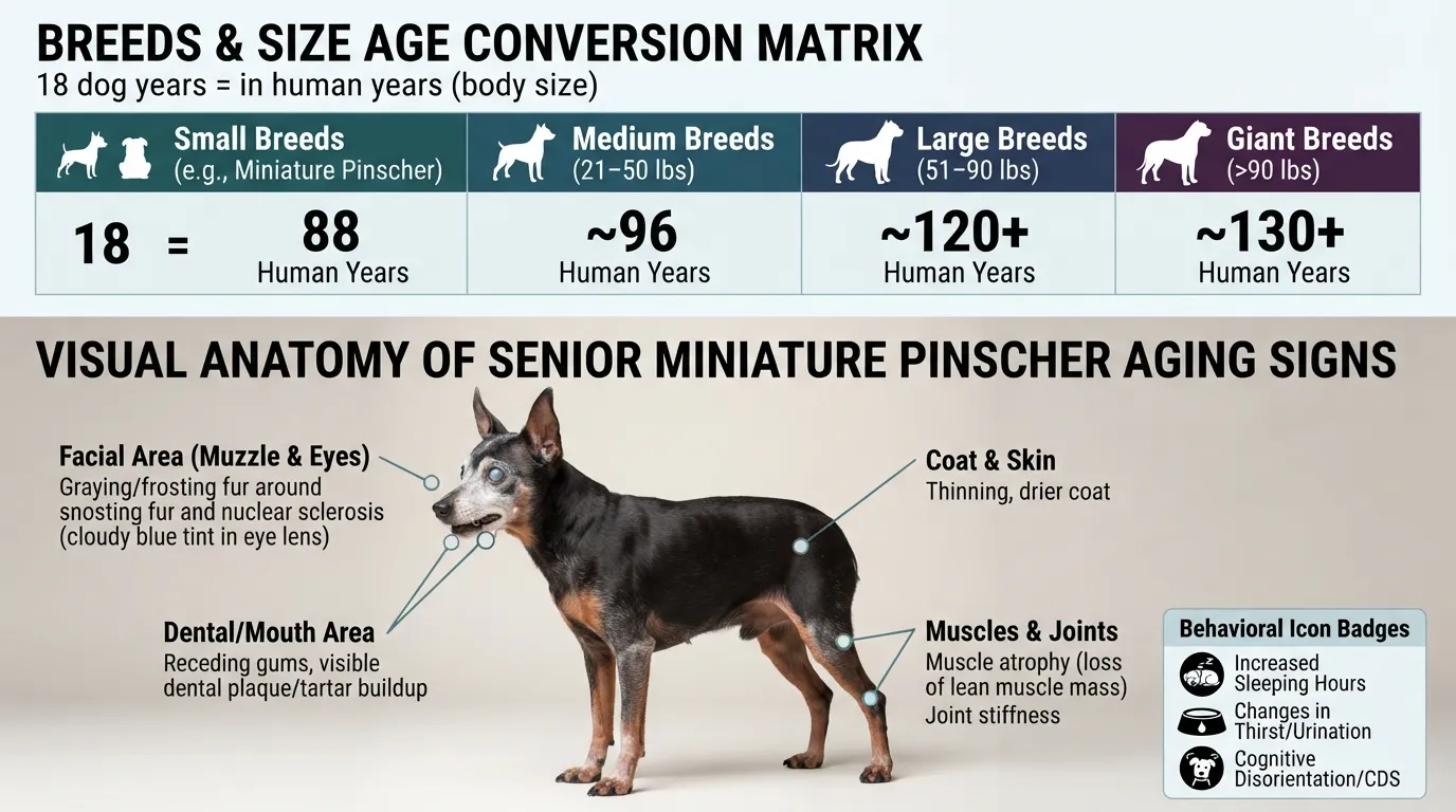 Infographic chart comparing 18 dog years to human years across small, medium, large, and giant breeds, highlighting specific physical aging signs in a Miniature Pinscher like cloudy eyes, muzzle greying, and stiff joints.