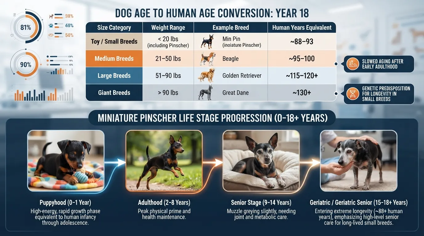Chart comparing 18 dog years to human years by dog size, highlighting Miniature Pinscher life stages from puppy to senior.