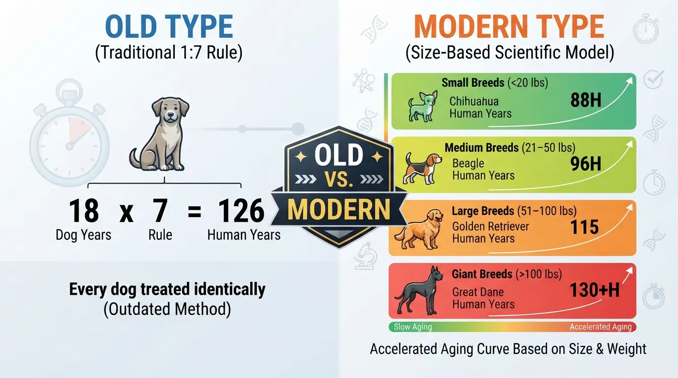 Comparison chart showing 18 dog years in human years for small, medium, large, and giant breeds, contrasting the traditional 1-to-7 ratio with modern scientific aging data.