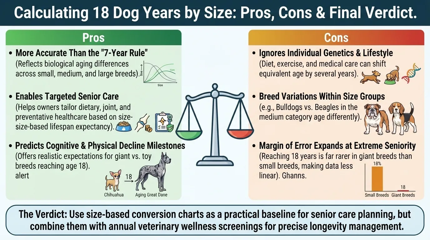 Infographic chart weighing the pros and cons of calculating 18 dog years to human years by size category, with a final verdict on accuracy and health management.