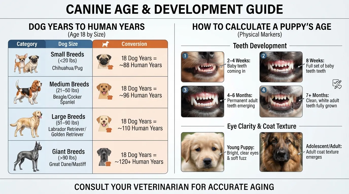 Dog age conversion infographic showing how an 18-year-old dog converts to human years across small, medium, large, and giant breeds, alongside visual dental and physical indicators used to estimate a puppy's age without a birth date.