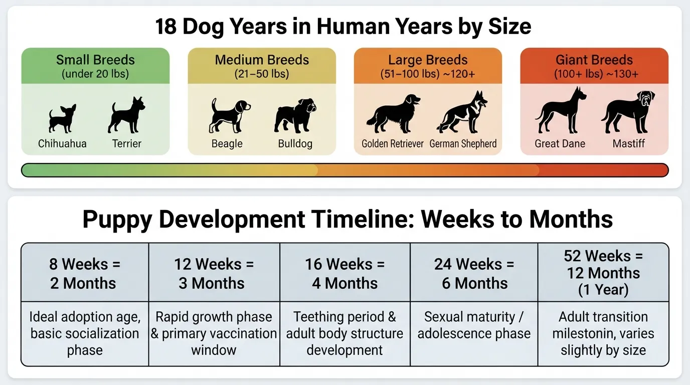 Dog age conversion chart comparing 18 dog years to human years across small, medium, large, and giant breeds alongside a puppy week-to-month growth table.