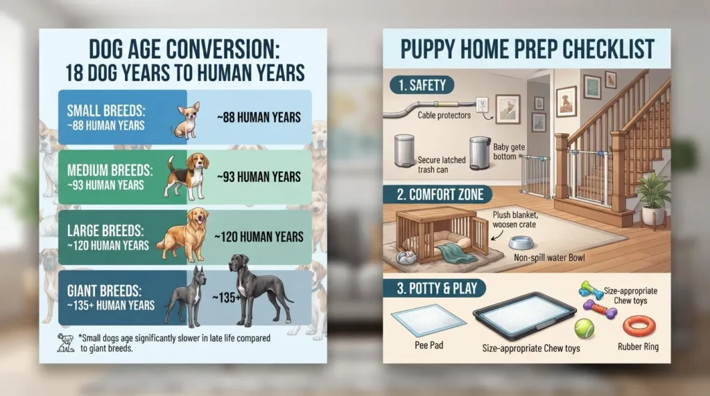 A comparative infographic chart showing how 18 dog years convert to human years based on dog size (small, medium, large, giant breeds), paired with a checklist for preparing a home for a puppy.