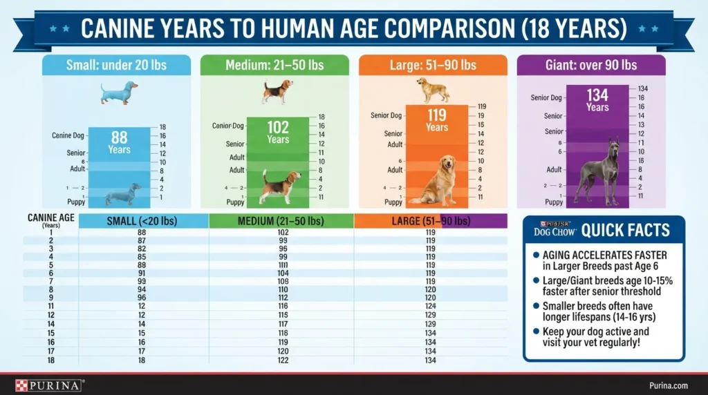 Comparison chart showing 18 dog years in human years for small, medium, large, and giant dog breeds based on Purina Dog Chow age conversion data.
