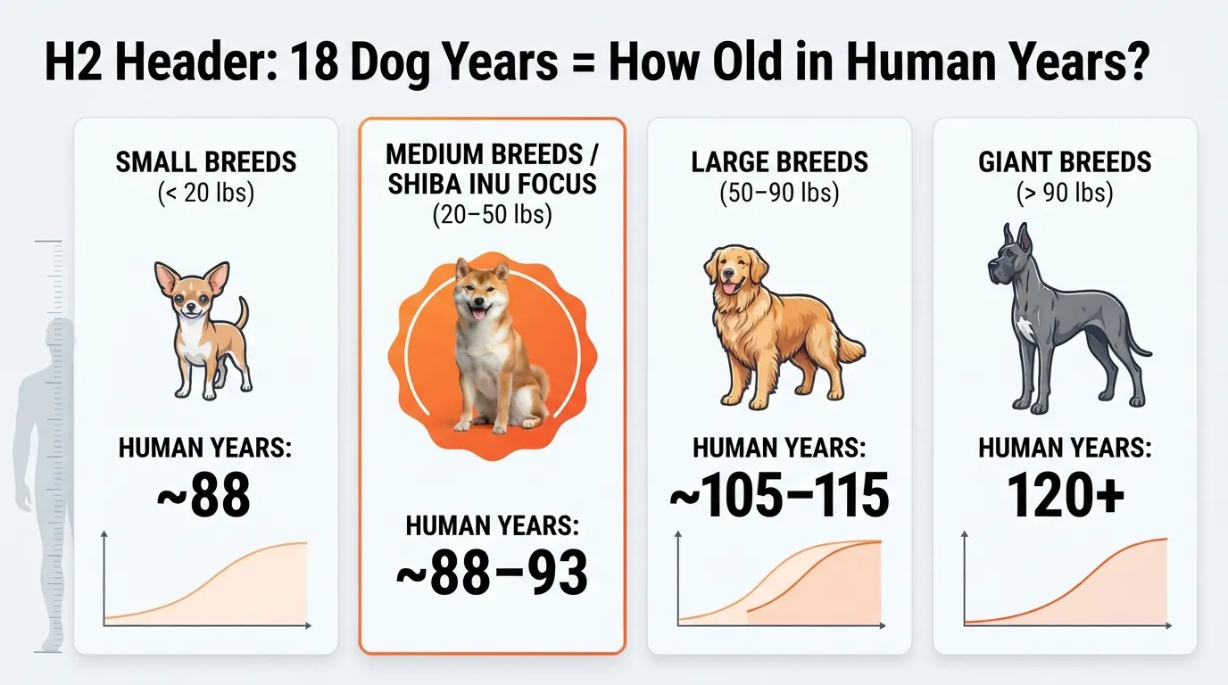 Comparison chart showing 18 dog years in human years for small, medium, large, and giant breeds, highlighting a Shiba Inu compared to human age scale.