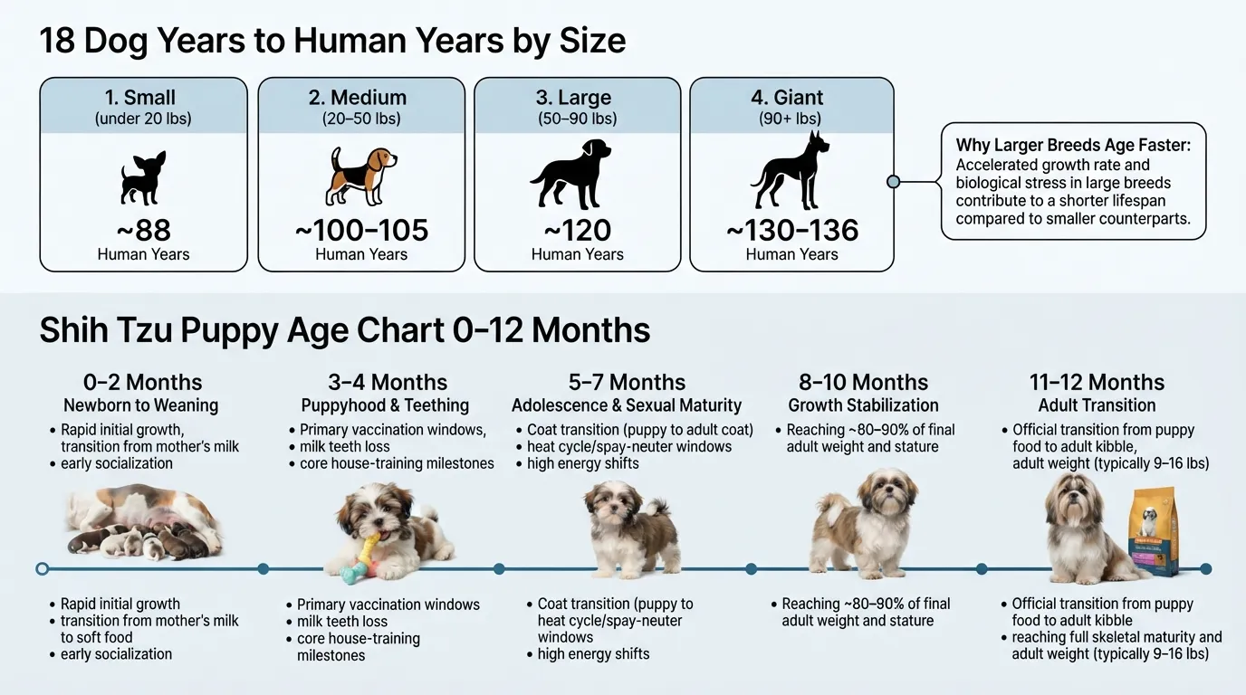 Comparison chart showing 18 dog years to human years across small, medium, large, and giant breeds, alongside a 0-12 month Shih Tzu puppy growth and age milestone guide.