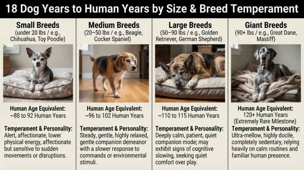 Comparison chart showing how an 18-year-old dog converts to human years across small, medium, large, and giant breeds, alongside typical senior dog temperament and personality traits.