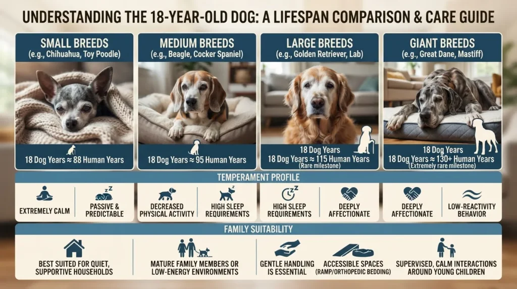 Comparison chart showing 18 dog years in human years for small, medium, large, and giant breeds alongside temperament and family suitability notes for senior dogs.