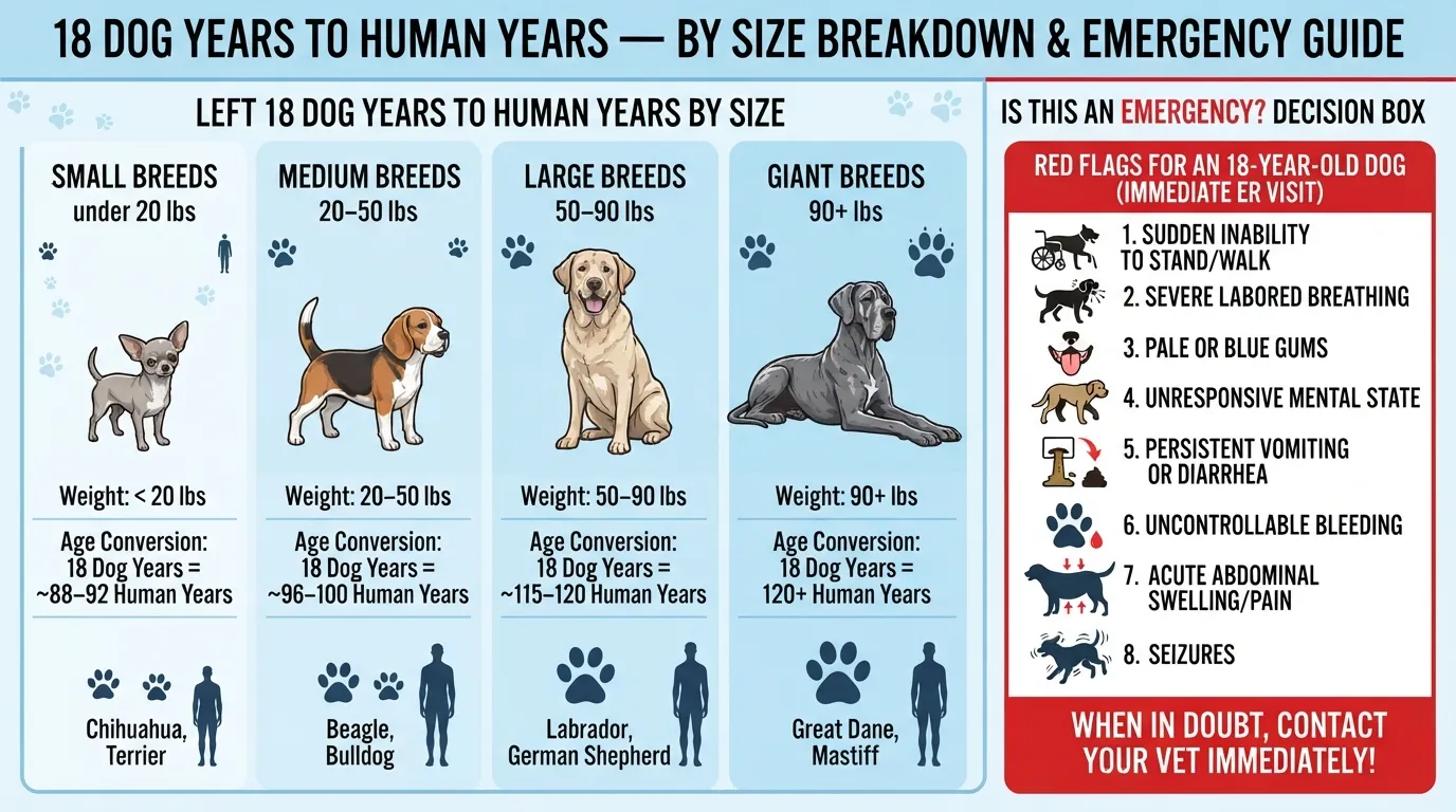 A senior dog undergoing a health examination at a veterinary clinic, accompanied by a size-based comparison chart illustrating how 18 dog years translate into human years.