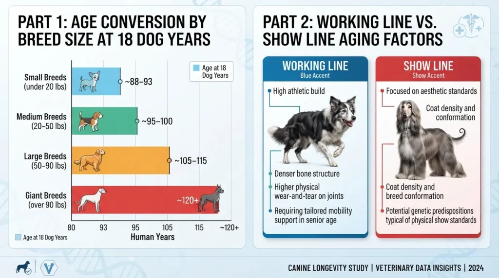 Comparison chart showing 18 dog years converted to human years based on small, medium, large, and giant breeds, highlighting differences between high-energy working lines and show lines.