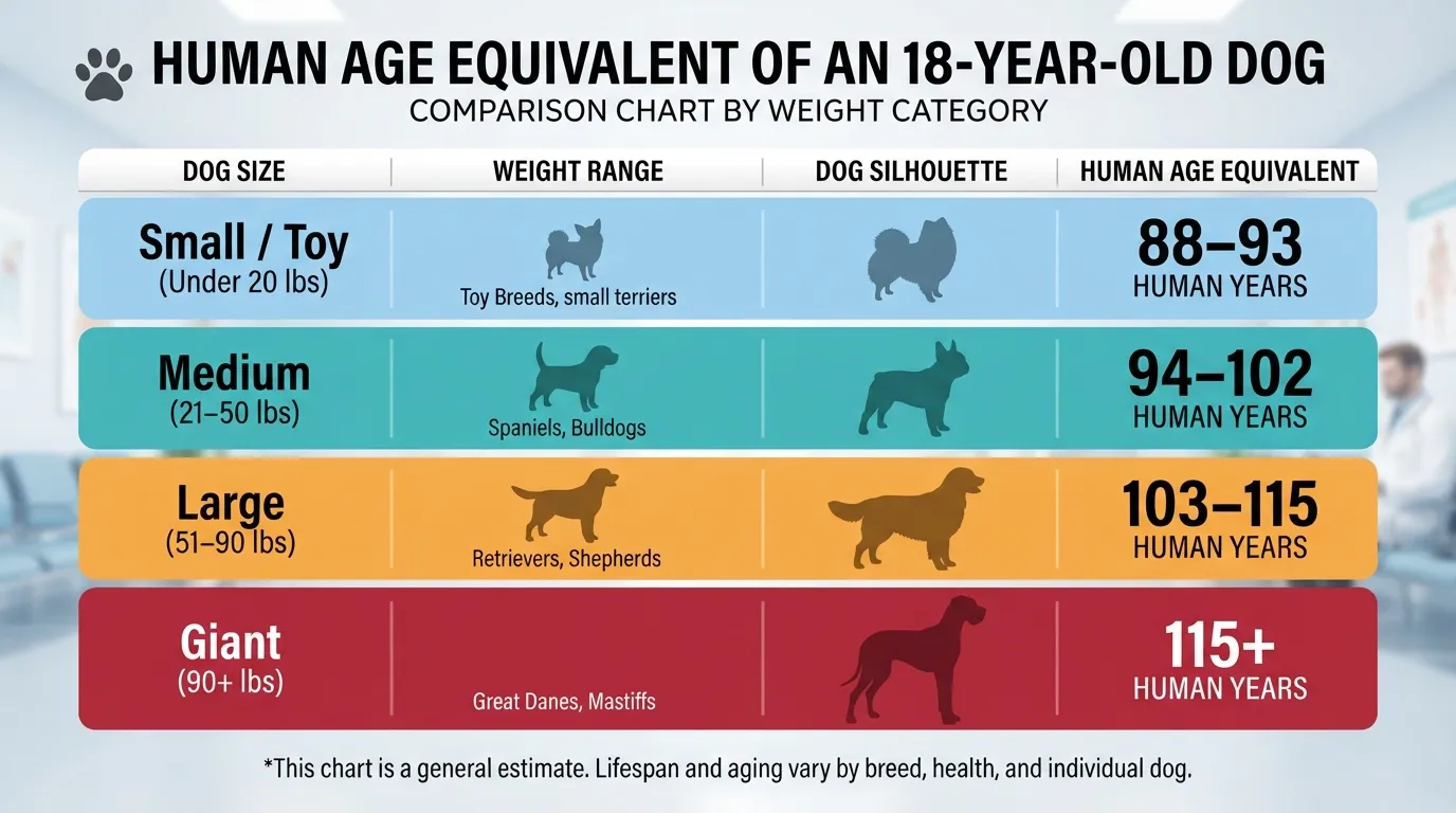 Comparative breakdown showing an 18-year-old dog converted to human age equivalents across small, medium, large, and giant breed weight classes.