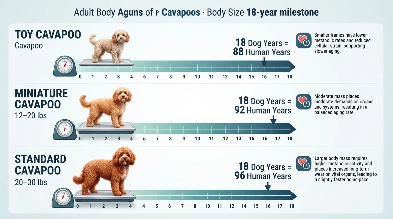 Comparison chart mapping 18 dog years to human years for toy, miniature, and standard full-grown Cavapoos.