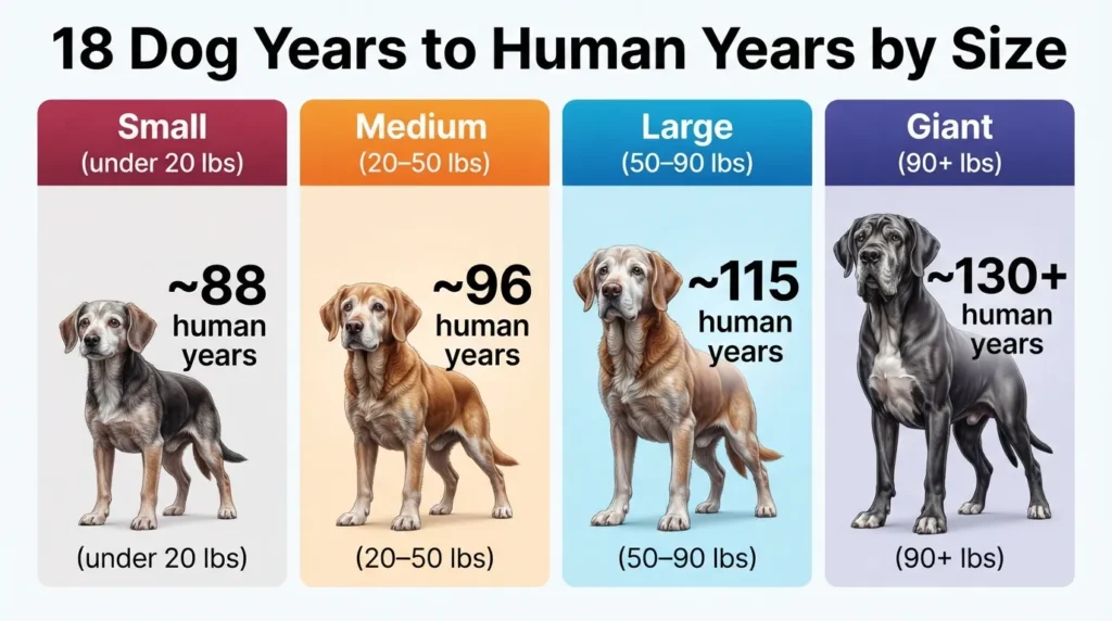A visual comparison chart showing an 18-year-old dog's equivalent human age categorized by small, medium, large, and giant breed sizes.