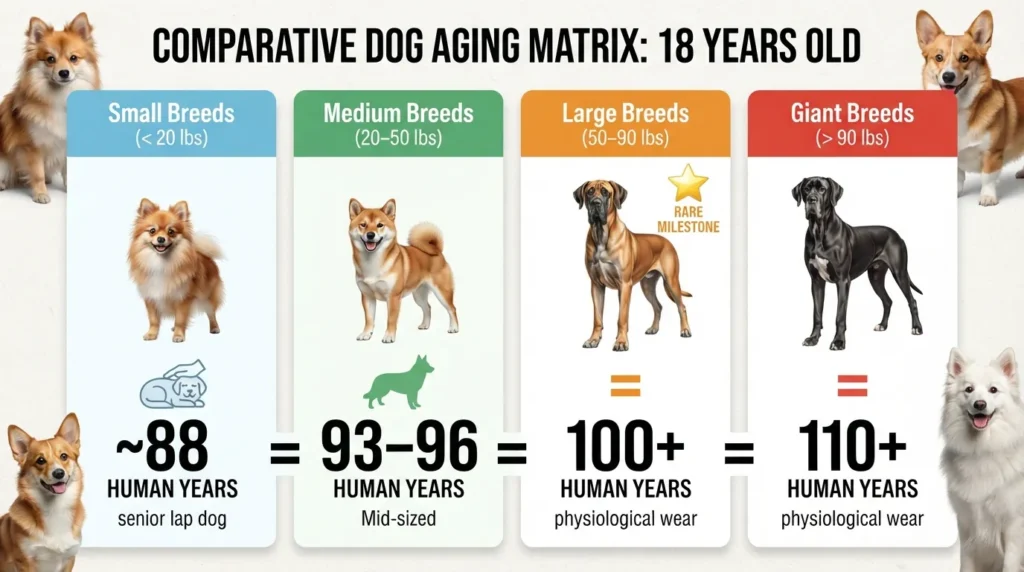 A comparison chart showing how 18 dog years convert to human years for small, medium, large, and giant dog breeds, along with a visual guide to fox-like mixed-breed dogs.
