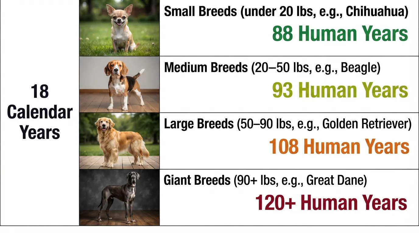 Comparison chart showing how 18 dog years translates to human years across small, medium, large, and giant breed sizes.