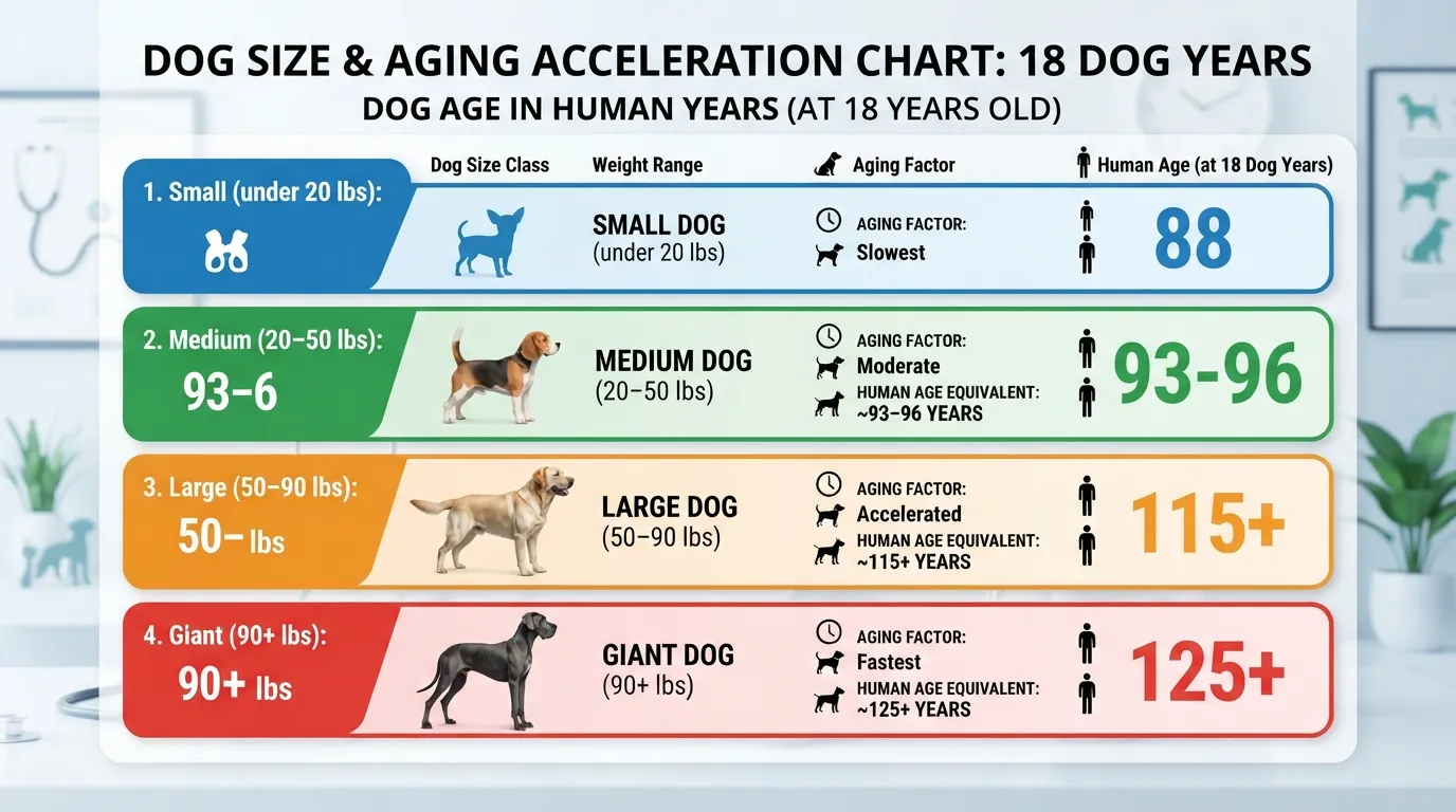 Comparison chart showing how 18 dog years convert to human years for small, medium, large, and giant dog breeds.