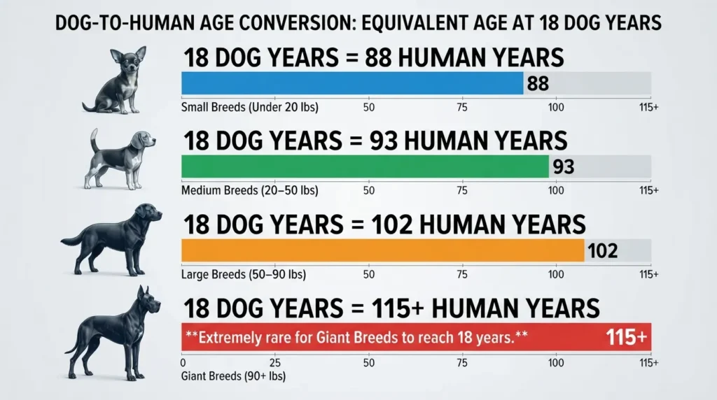Comparison chart converting 18 dog years to human years across small, medium, large, and giant dog breed sizes.