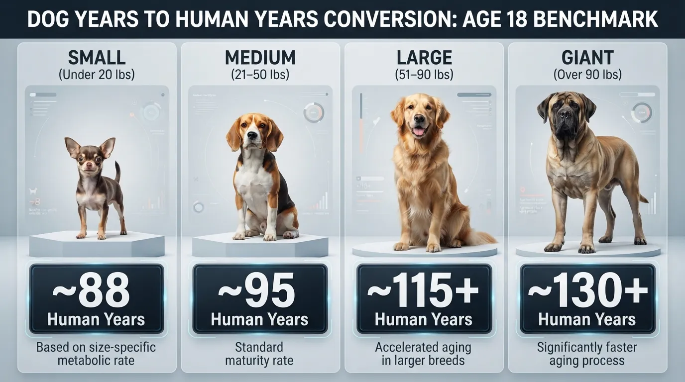 Comparison chart showing how 18 dog years translates to human age for small, medium, large, and giant breed dogs.