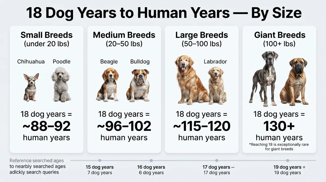 Comparison chart showing how 18 dog years convert to human years across small, medium, large, and giant dog breeds.