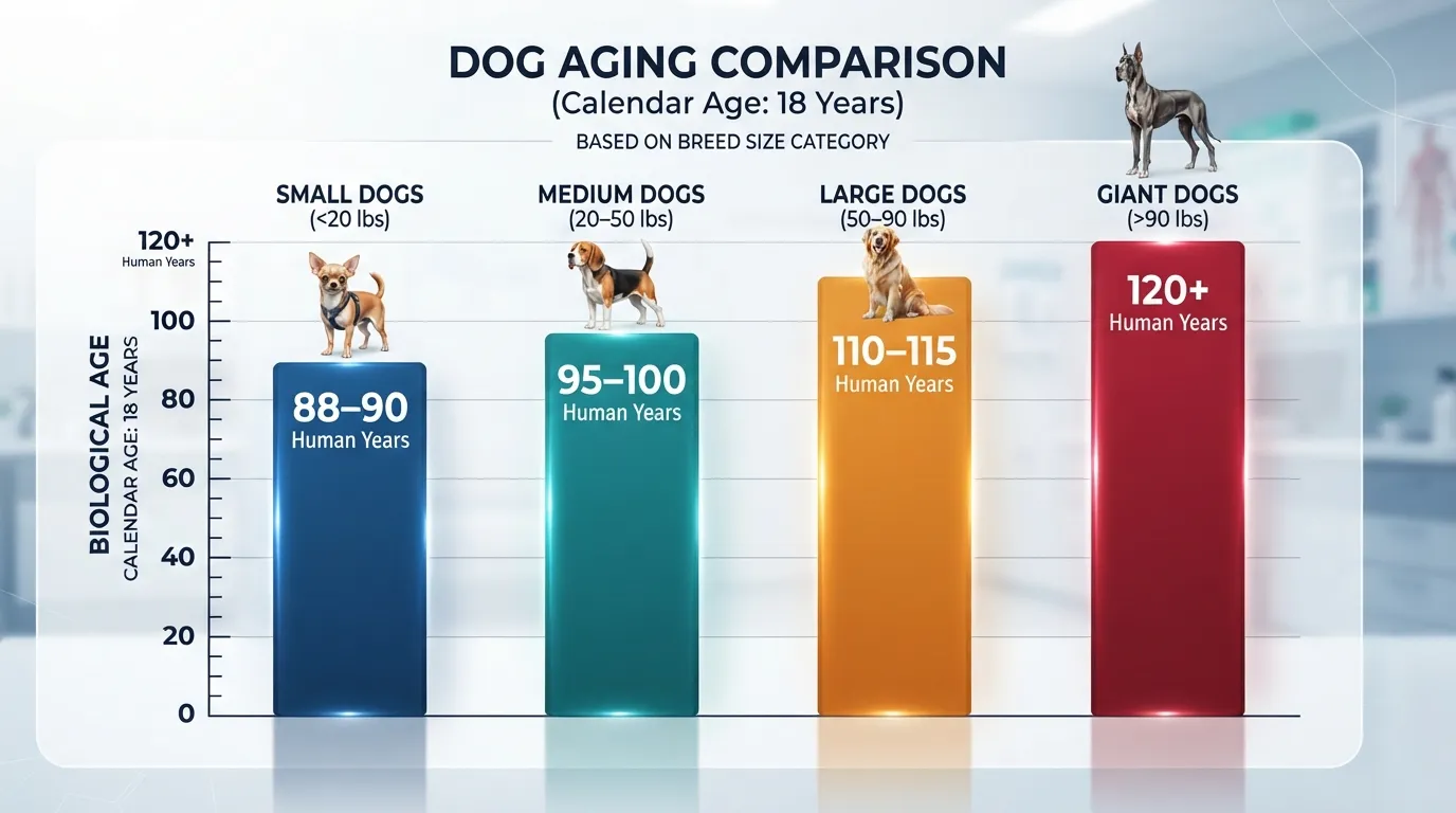 Infographic chart comparing 18 dog years to human years broken down by small, medium, large, and giant dog breed sizes.
