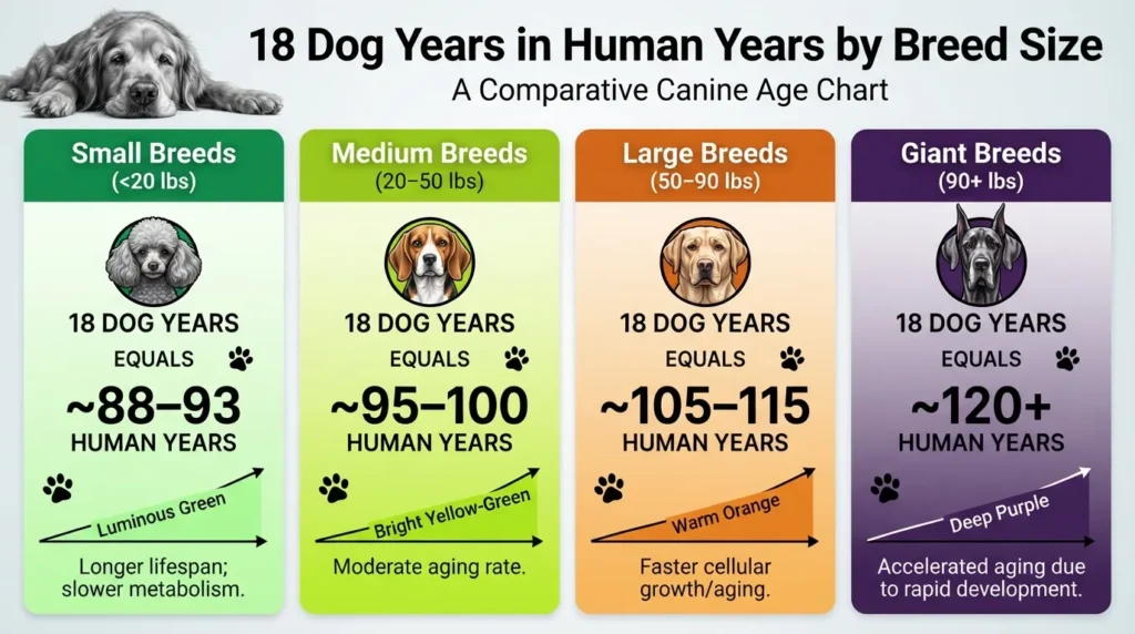 A detailed comparison chart showing how 18 dog years convert to human years across small, medium, large, and giant dog breeds.
