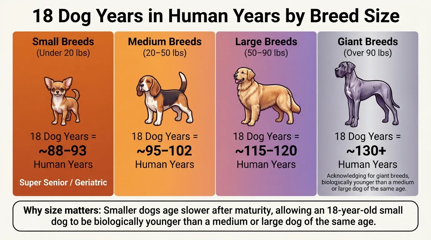 Alt Text: A dog age comparison chart showing an 18-year-old dog converted into human years across small, medium, large, and giant breed sizes.