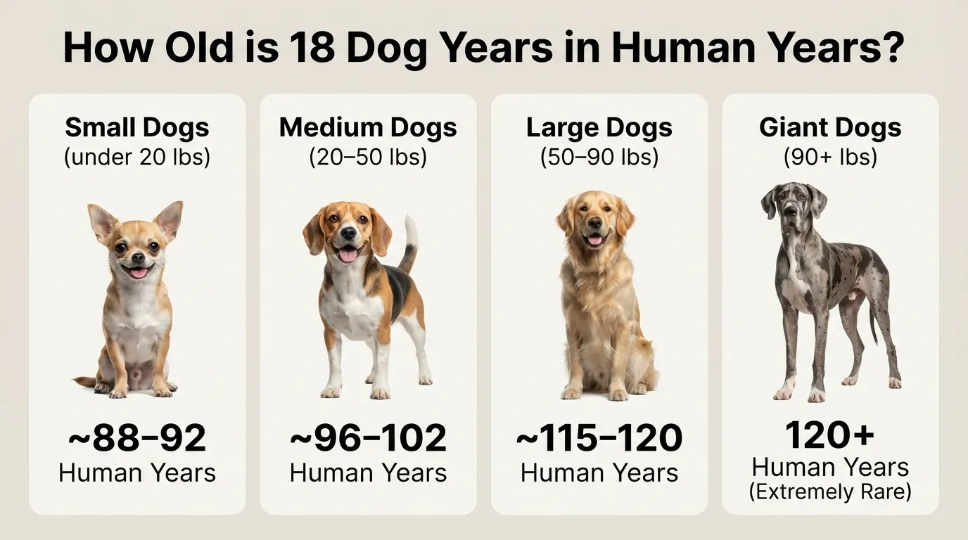 Dog age conversion chart displaying an 18-year-old dog's equivalent human age broken down across small, medium, large, and giant breed sizes.