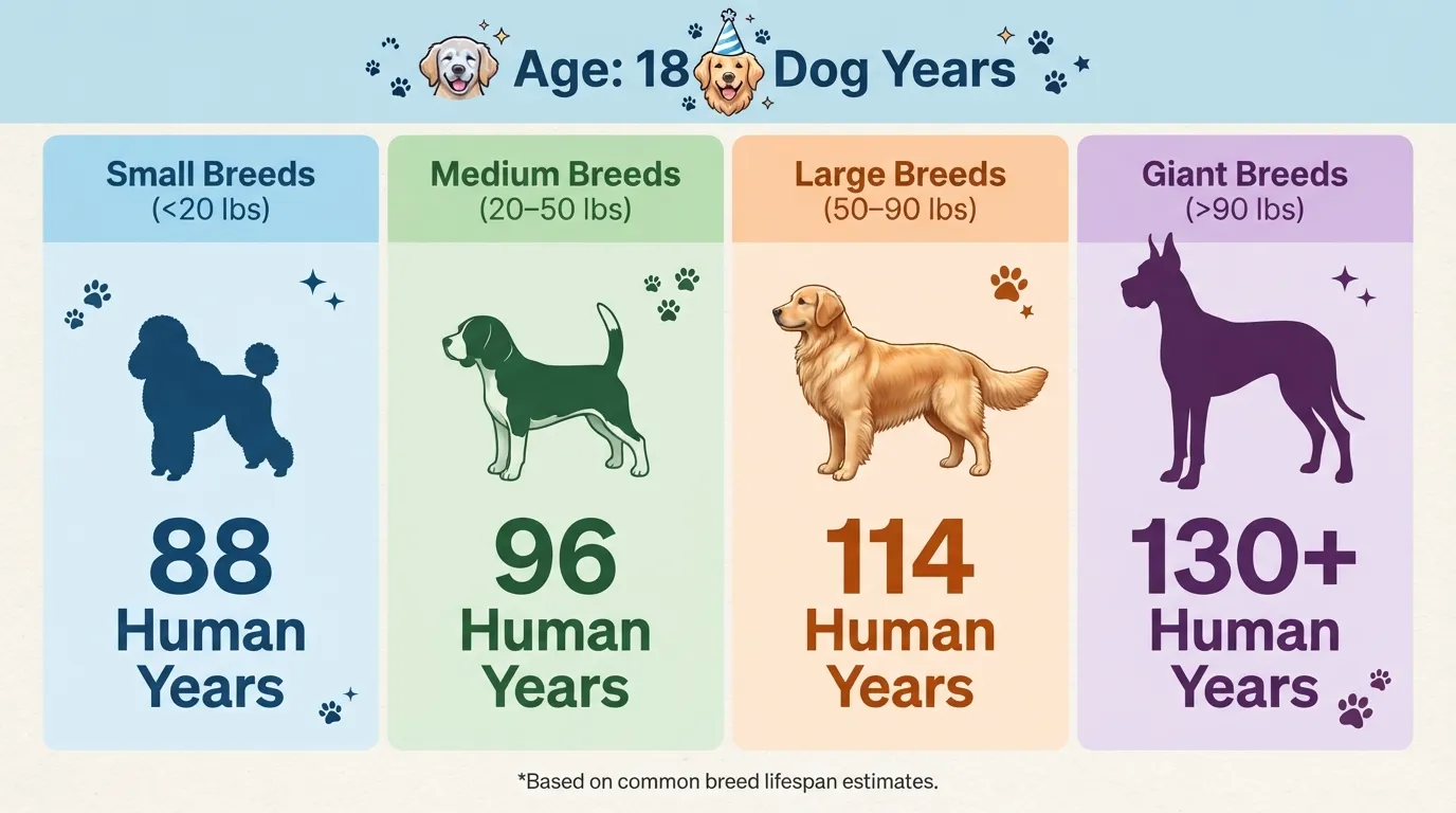 Infographic chart comparing how 18 dog years translate to human years across small, medium, large, and giant dog breeds.