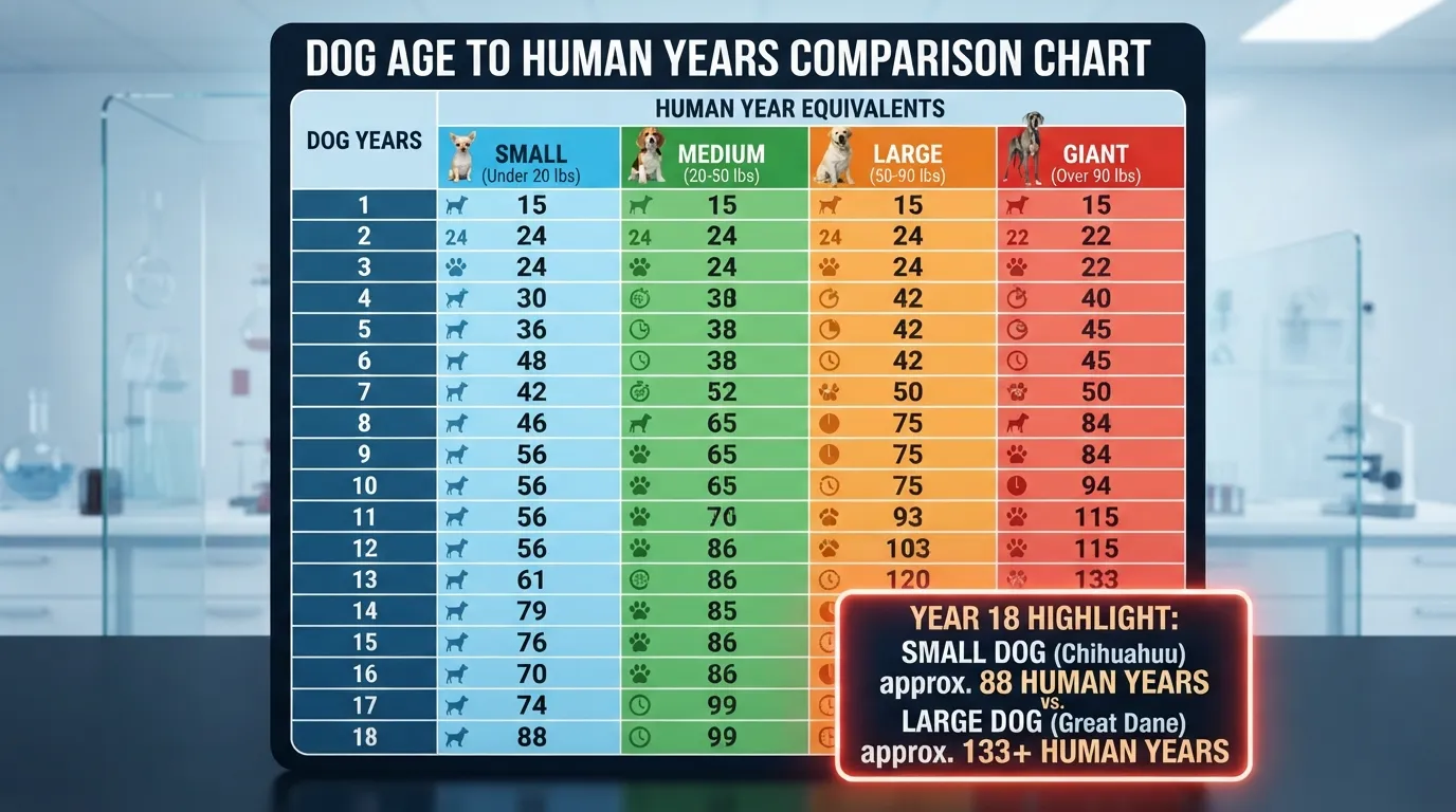 Chart mapping 18 dog years to human years across small, medium, large, and giant dog breed sizes.