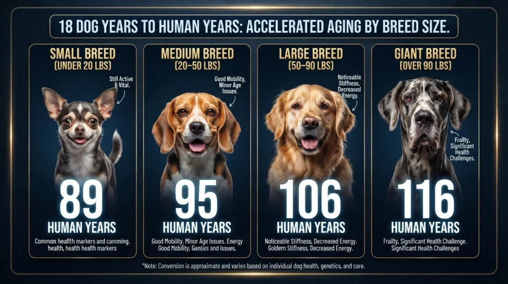 Comparative chart showing how 18 dog years convert to human years for small, medium, large, and giant dog breeds