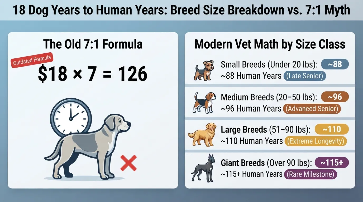 Infographic breakdown showing 18 dog years converted to human years across small, medium, large, and giant breeds compared to the old 7 to 1 rule calculation.