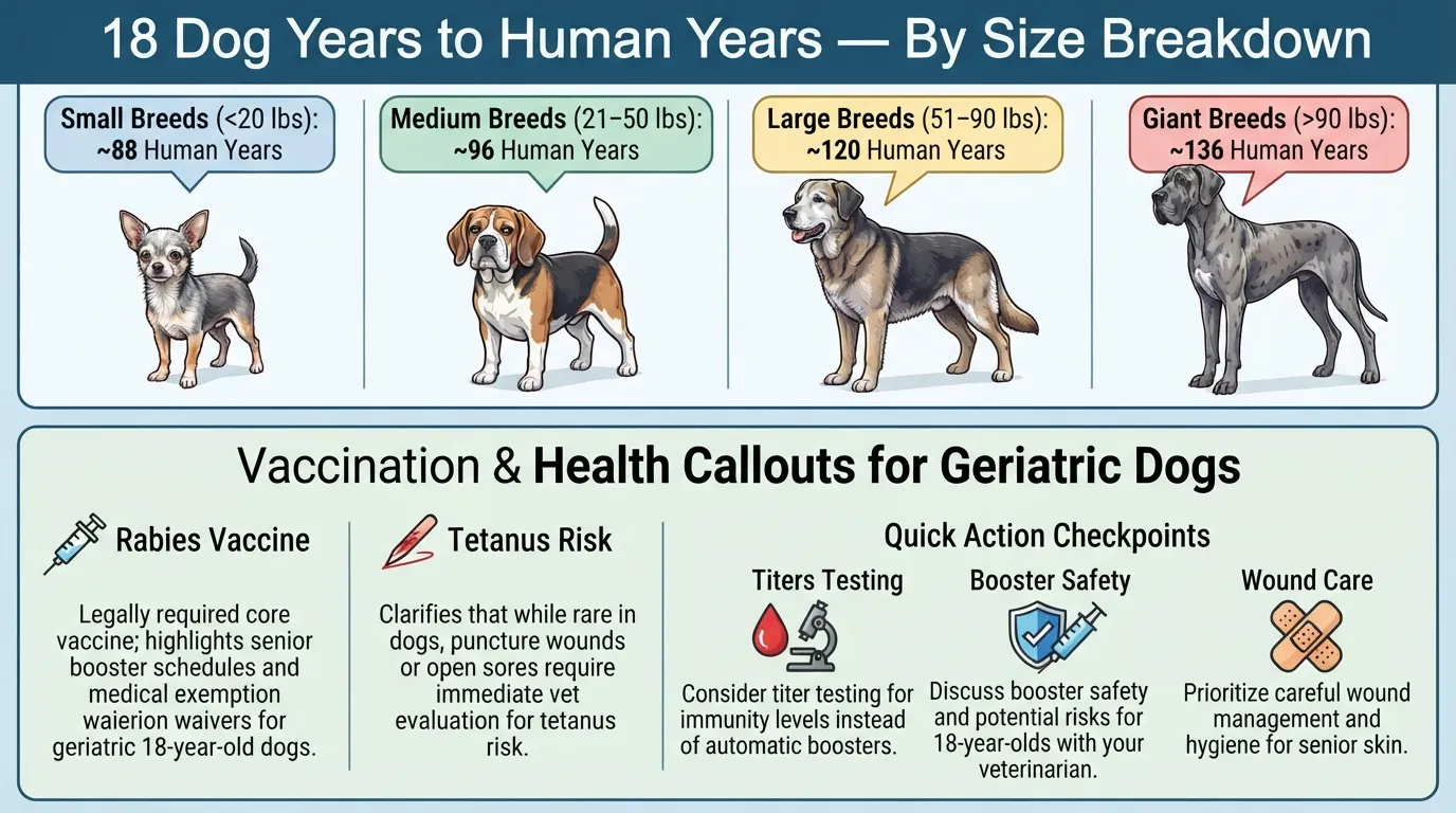 An infographic showing an 18 dog years to human years conversion chart broken down by small, medium, large, and giant breeds alongside essential rabies and tetanus vaccination milestones for senior dogs.
