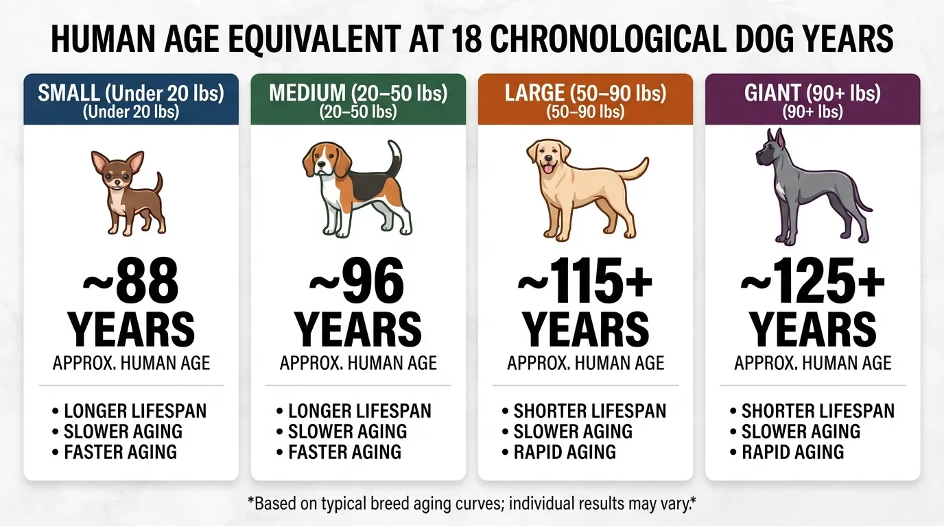 Infographic chart converting 18 dog years to human years across small, medium, large, and giant dog breeds.