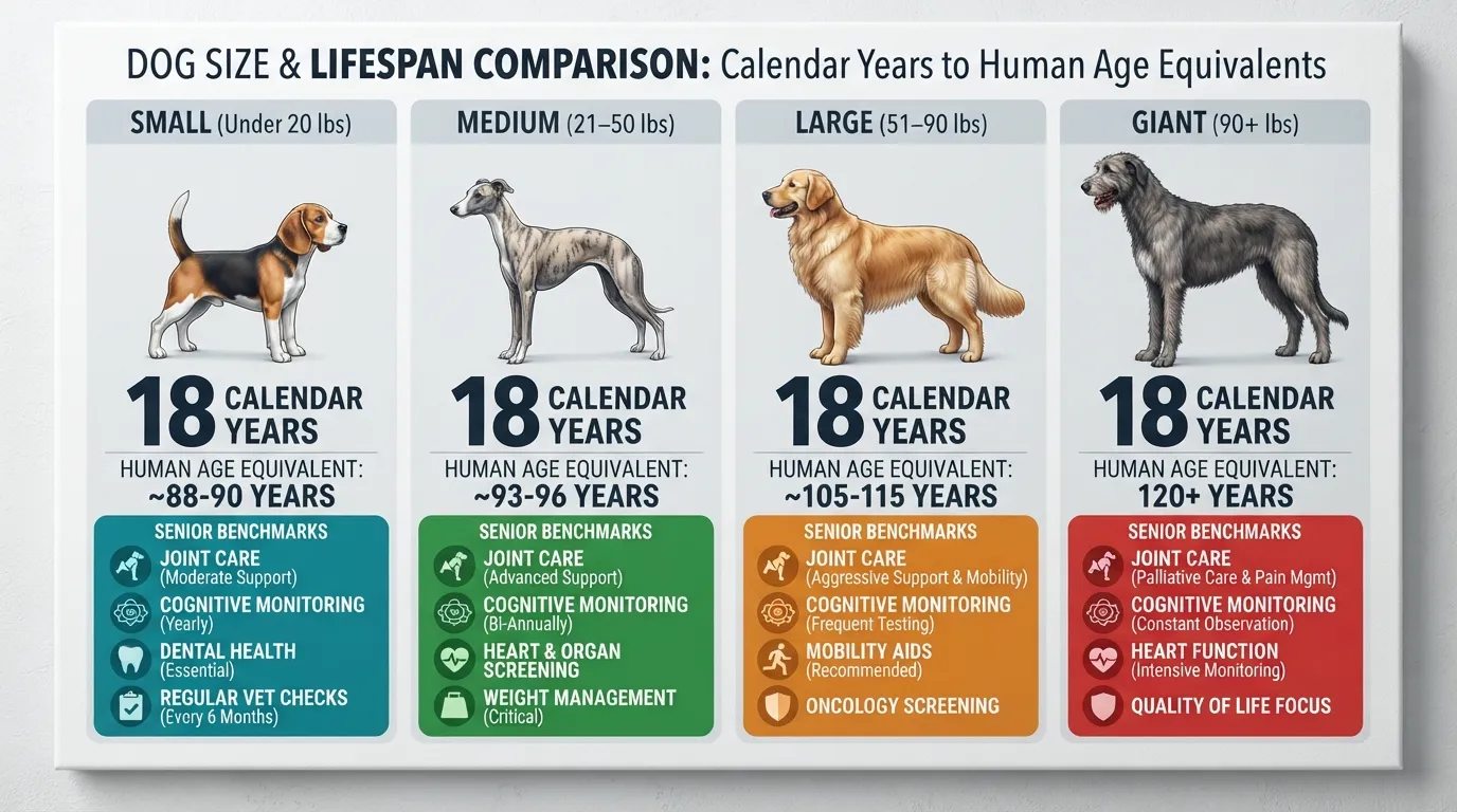 Infographic chart showing how 18 dog years convert to human years based on small, medium, large, and giant dog breeds.