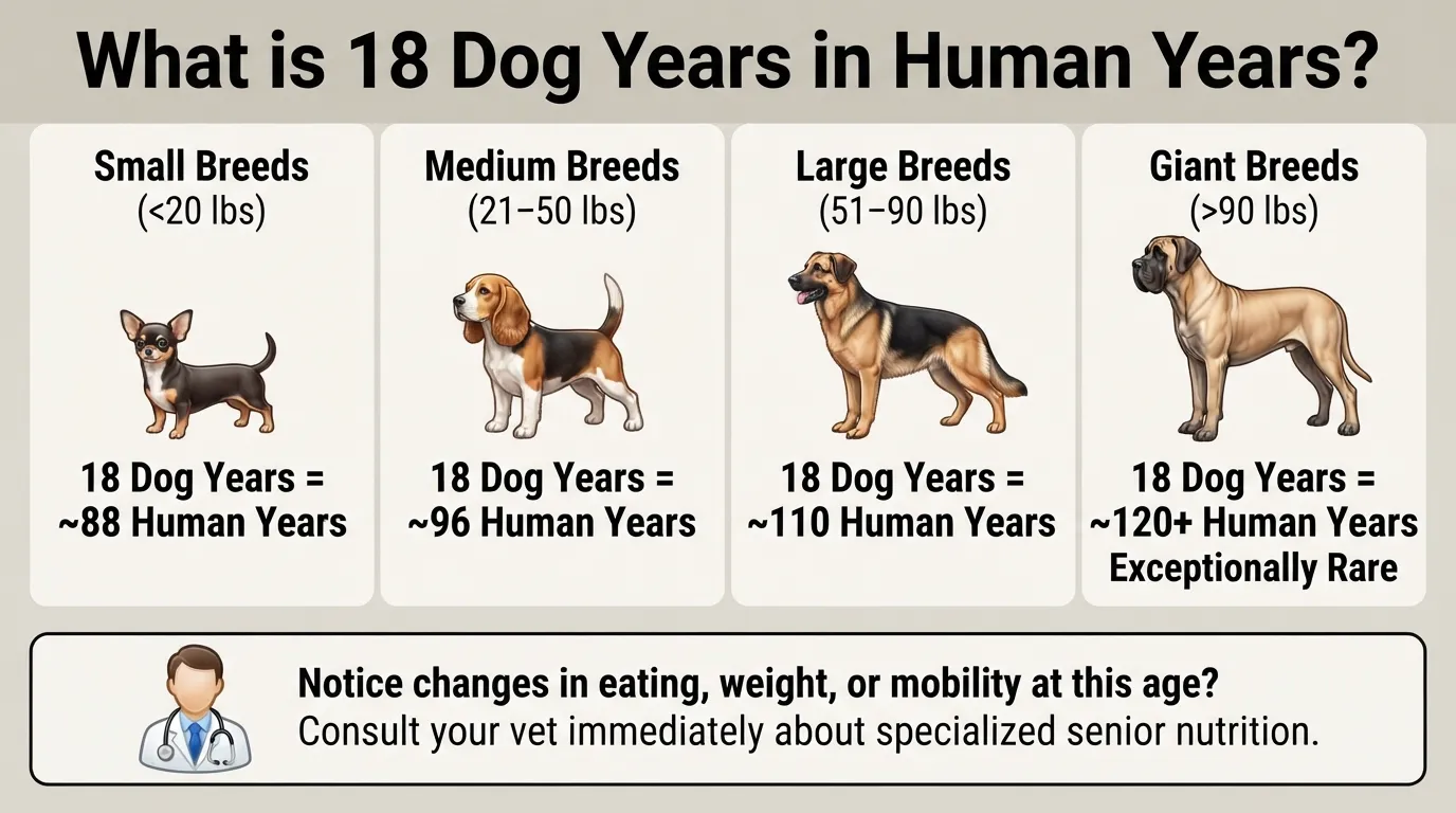 Infographic showing how 18 dog years translates to human years across small, medium, large, and giant dog breeds.