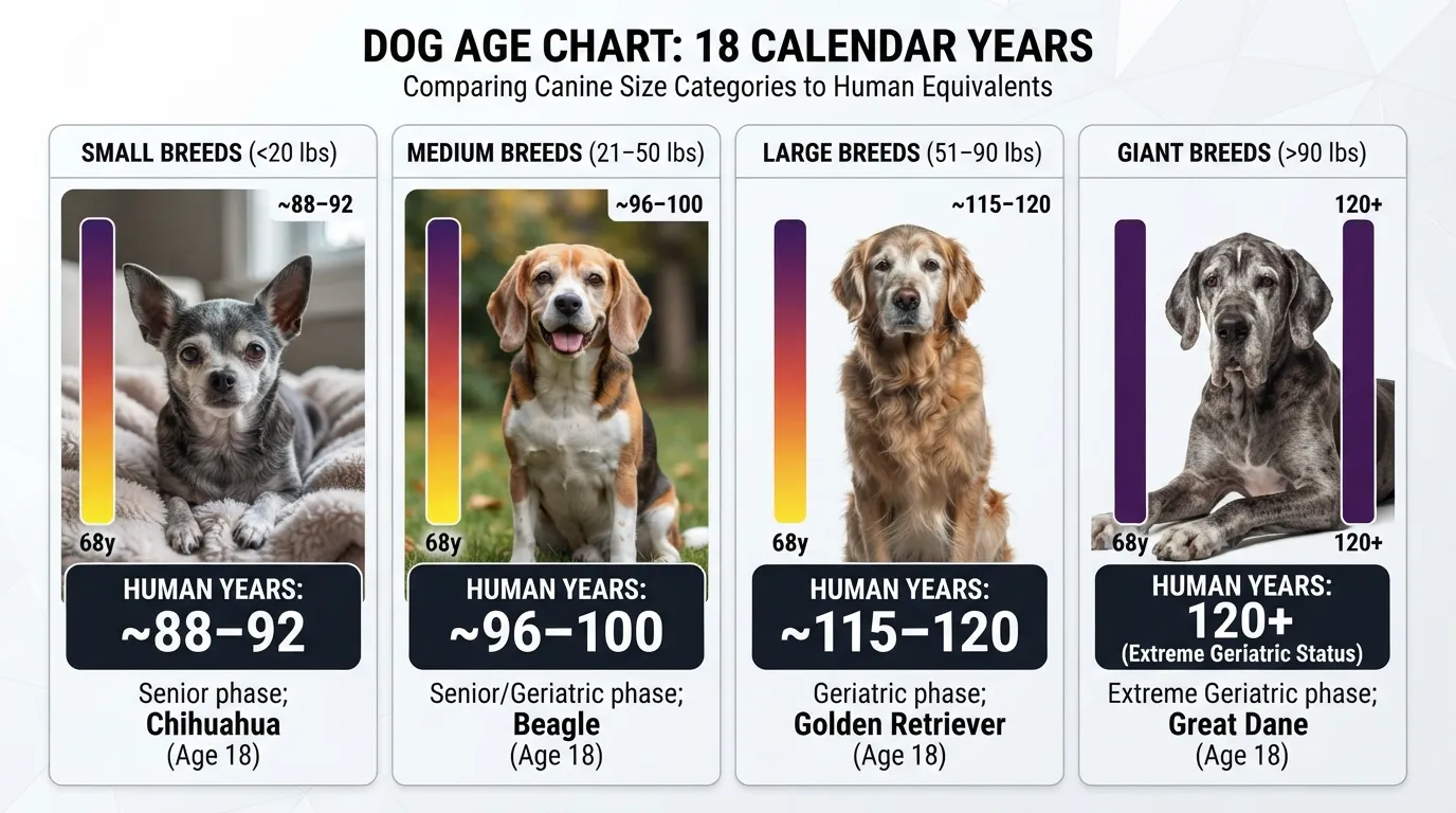 A comparison chart showing how 18 dog years convert to human years across small, medium, large, and giant dog breeds.