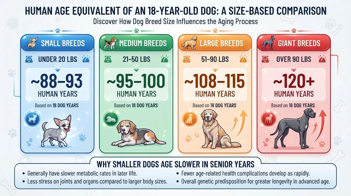Dog age conversion chart comparing 18 dog years to human years across small, medium, large, and giant dog breed sizes.