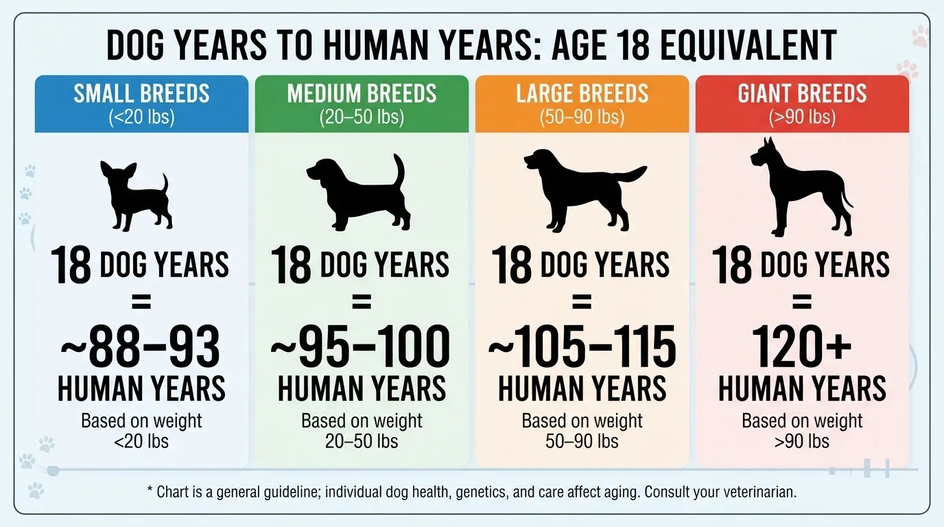 Infographic chart converting 18 dog years to human years across small, medium, large, and giant dog breed sizes.